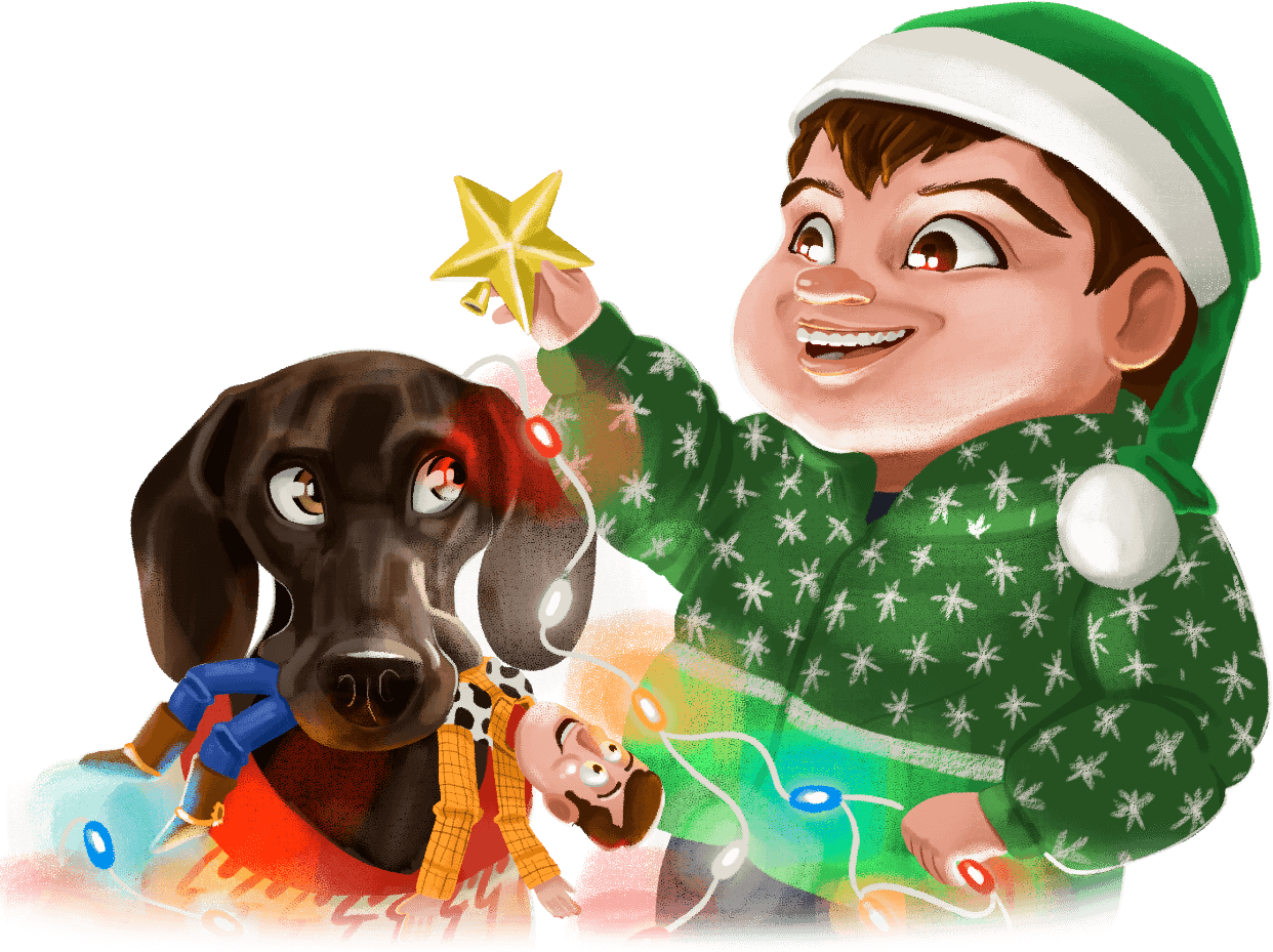 Ilustración personalizada de Jacobo niño junto a su mascota Bianca creada por oiEstudio para revivir momentos especiales.