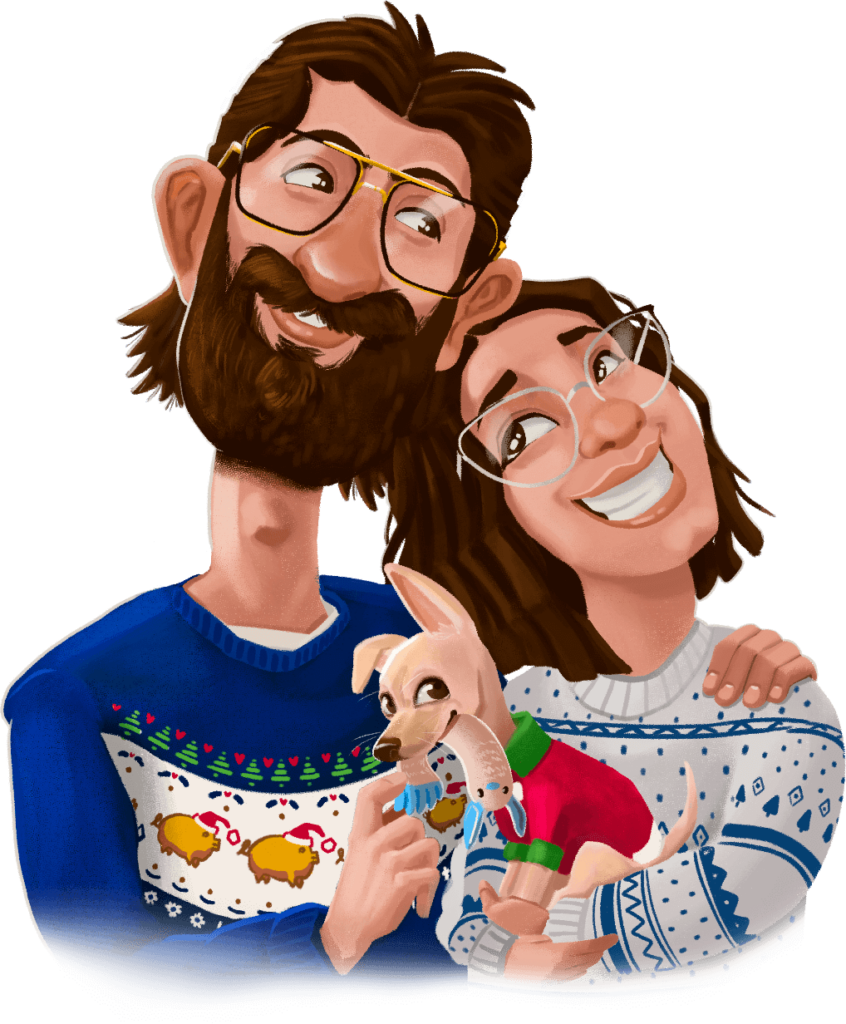 Ilustración personalizada de Brandito y Ani junto a su mascota Honey 16 creada por oiEstudio para revivir momentos especiales.