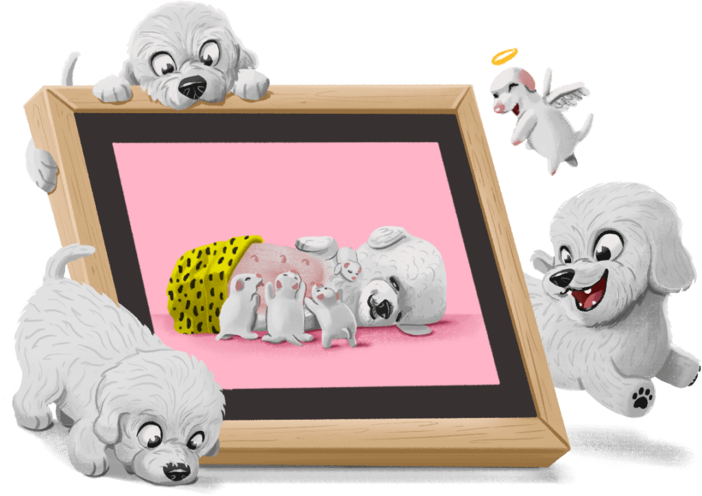 Ilustración personalizada de tres perritos enmarcada, creada por oiEstudio para revivir momentos especiales.