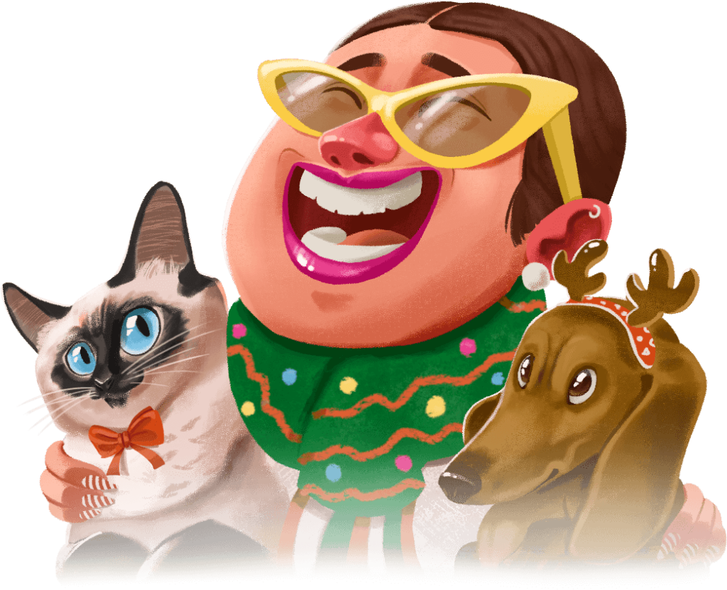 Ilustración personalizada de familia junto a sus mascotas, perro salchicha y gato creada por oiEstudio para revivir momentos especiales.