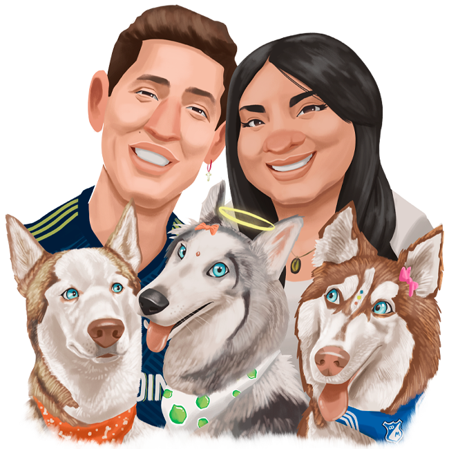 Ilustración personalizada de una familia junto a sus mascotas, creada por oiEstudio para revivir momentos especiales.